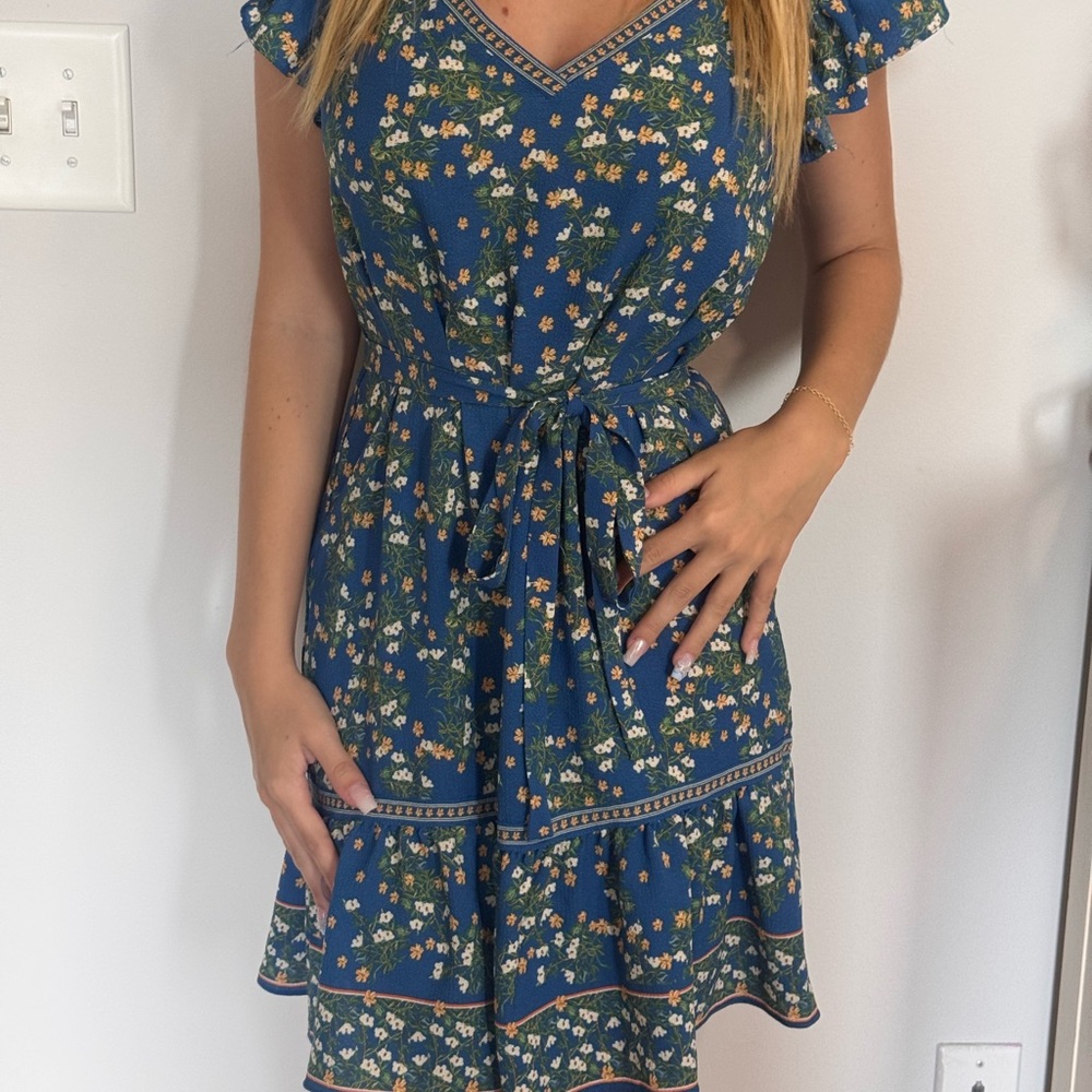 Max Studio Blue and Yellow Flutter Sleeve Sundress
